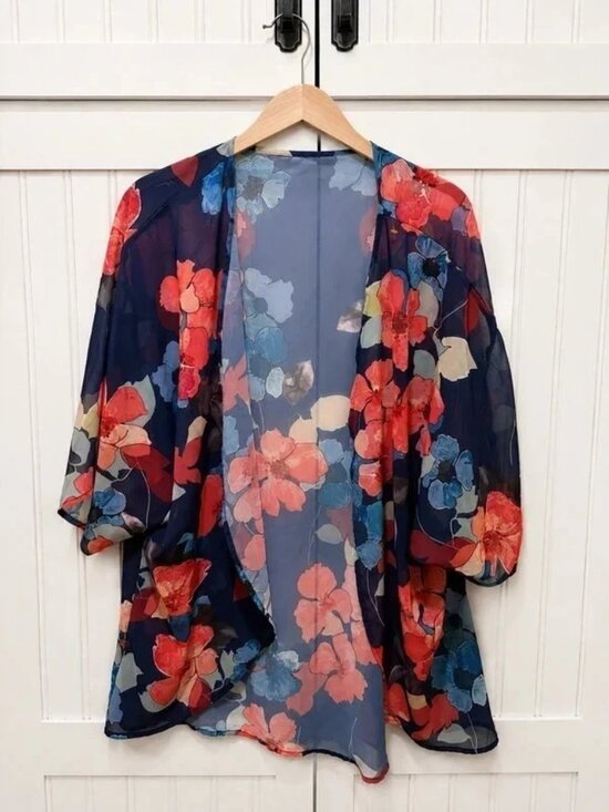 Tops - Navy Blue Floral Sheer Open-Front Kimono Cardigan Size Large